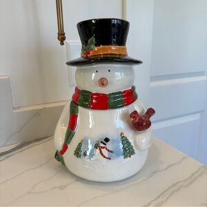 Festive Snowman Ceramic Figurine with Scarf and Top Hat Cookie Jar